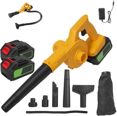 Kabelloser Laubbläser 21 V, Akku-Laubbläser mit 2 Düsen und Ladegerät, Reinigung von Schnee, Laubbläser für Gartenblätter, Holzspäne (Gelb, 2 Batterien)