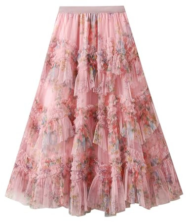Dazzerake Jupe Femme Longue Florale en Tulle Jupe Plissée Trapèze à Taille Élastique Jupes Femme Décontractée Irréguilière Chic et Élégante (Rose, S)
