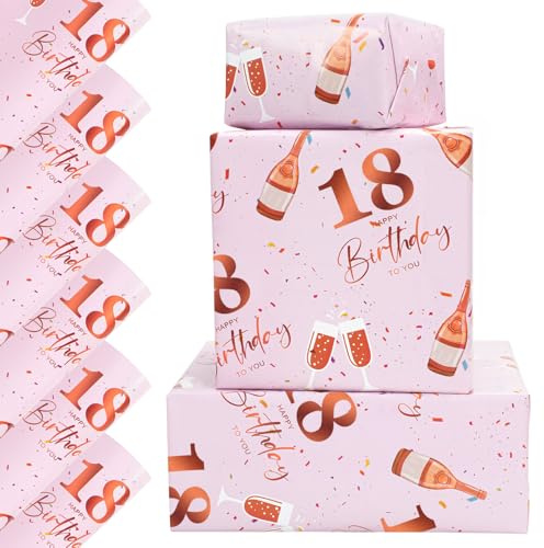 Vinuwu 6 Sheets 18th Birthday Wrapping Paper, Gift Decorations for Girls | 70x50cm Rose Gold Pink Gift Wrap Paper, Ladies Birthday Decor - Plastic Free & Recyclable