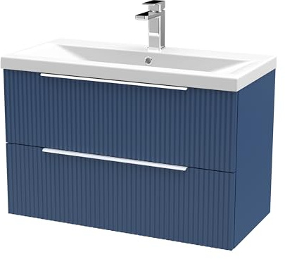 Balterley Vanity Unit with Basin Wall Hung, 2 Drawer Soft Close with Mid Edge Sink and Handles, Bathroom Vanity Units with Basin, Fluted Front Sink Cabinet - 810 x 390 x 540mm (Blue)