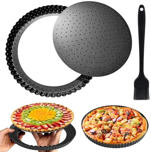 CALLYSONIC Moule à quiche perforé de 28 cm avec pinceaux, acier au carbone avec fond relevable, moule à tarte, moule à tarte antiadhésif, quiche, moule à gâteau rond rainuré (noir)