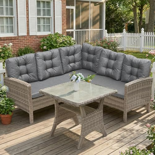 COMLAX FIELD Rattan Garden Furniture Set, 5 Seater Corner Sofa, Grey | Wicker Dining Table Set with Storage, Rust-Resistant L-Shaped Couch, Thick Cushion Included, for Patio/Outdoor/Conservatory