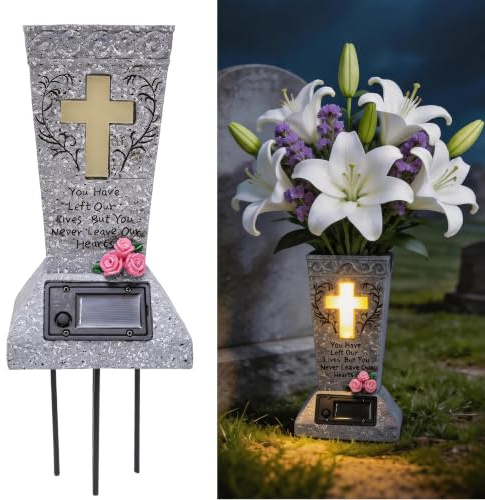 Resin Solar LED Cross Grave Flower Pots, All Weather Outdoor Cemetery Memorial Holder with Ground Spike for Garden & Funeral Decoration