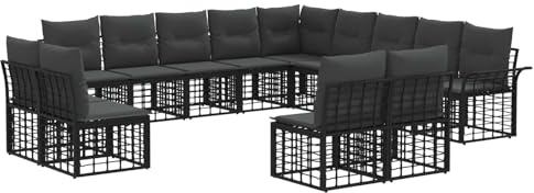 vidaXL Outdoor-Sofagarnitur 13 pcs Schwarz und Dunkelgrau Polyester, Moderne, wetterfeste, modulare Gartensofas, verstellbare Füße, Bequeme Kissen, rustikales Design