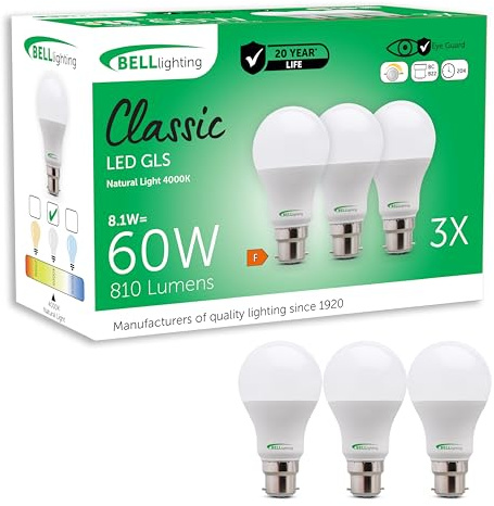 BELL Lighting B22 Dimmable LED GLS Bulbs 8.1W 810lm Natural White 3 Pack | Dimmable B22 bayonet LED GLS bulbs with 4000K natural white light, 810lm output and 60W equivalent brightness.