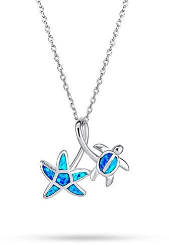 Bling Jewelry Nautical Tropical Beach Vacation Iridescent Blue Created Opal Inlay Sea Turtle Starfish Pendant Necklace For Women For Teen .925 Sterling Silver