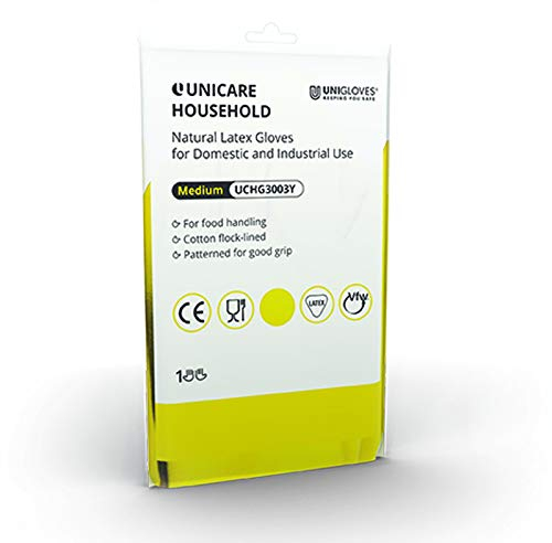 Unigloves Unicare Household Power-Free Reusable Household Latex Gloves, 1 Pair, Yellow, Medium (UCHG3003Y)