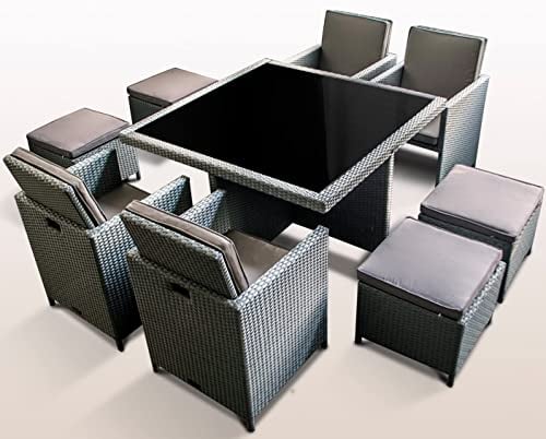 Ragnarök-Möbeldesign PolyRattan - DEUTSCHE Marke - EIGNENE Produktion - 8 Jahre GARANTIE auf UV-Beständigkeit Gartenmöbel Essgruppe Tisch + 4 Stühle & 4 Hocker 12 Polster Platinum Grau