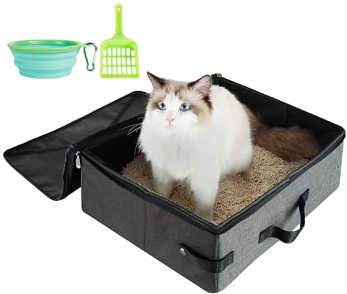 HiCaptain Litière de voyage pour chat avec couvercle et poignée - Portable et pliable - Taille L - Noir/gris