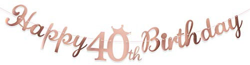 Happy 40th Birthday Banner Crown Garlands Backdrop Bunting Forty Years Old Anniversary Photo Booth Background DIY Party Decoration Supplies for Boys or Girls Living Room (Rose Gold)