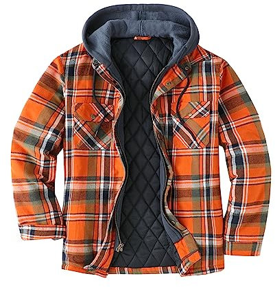 ZENTHACE Veste chemise à capuche en flanelle épaisse à carreaux pour homme avec doublure matelassée, Orange Plaid, X-Large