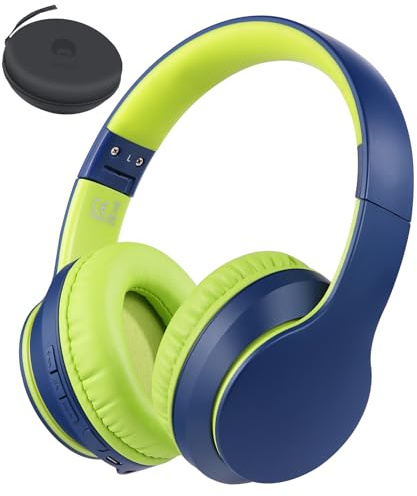 Rockpapa E7 Kids Headphones Wireless/Wired with 25H Playtime for School | Foldable Over Ear Bluetooth Kids Headphones with Microphone, Lightweight Hi-Fi Stereo for Phone/PC/TV Blue Green