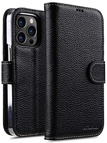 STILGUT Talis kompatibel mit iPhone 13 Pro (6.1“) Hülle mit Kartenfach aus Leder, Flip Cover, Wallet Case, Handyhülle mit Fächern, Standfunktion & Verschluss - Schwarz