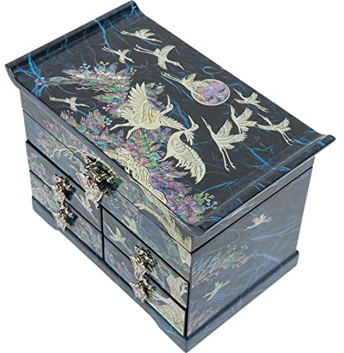 February Mountain Mother of Pearl Wooden Jewelry Organizer Box – Jewelry Storage Box for Women, Features Spacious Drawers, Ideal for Rings, Bracelets, Watches, Chains, Accessories (Crane_Blue)