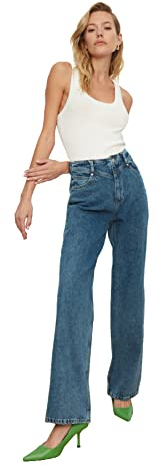 TRENDYOL Damen Taille Detaillierte Hohe 90er Jahre Breite Beinjeans Jeans, Navy Blue, 38 EU