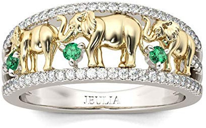 Jeulia 1.5 Karat Elefant Ring Ehering für Frauen 18 Karat vergoldet Verlobungsring Set Zweifarbige Rundschliff Zirkonia Ringe Jubiläumsversprechen Romantisches Geschenk (62（19.8）, Grün)