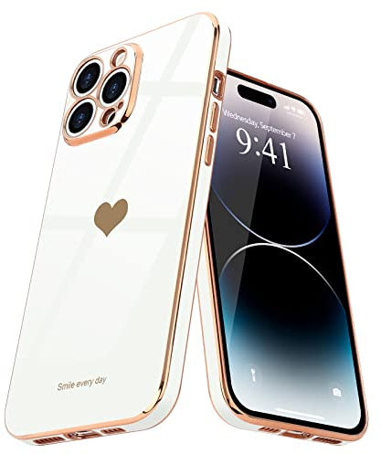 Teageo Kompatibel mit iPhone 14 Pro Max Hülle, Süße Herz Mädchen Handyhülle Luxuriös Galvanisierte Weich TPU Kameraschutz Kratzfest Stoßfest Schutzhülle Phone Case für iPhone 14 Pro Max, Weiß