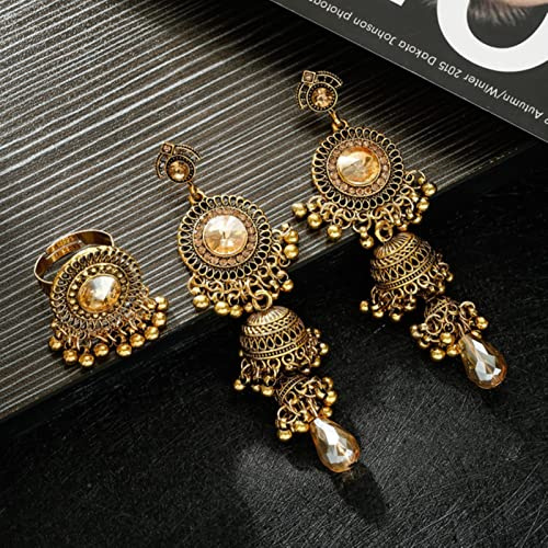 DAOMEI Vintage Gold Geschnitzte Indische Damen Ohrringe Ring Set Frauen Klassische Perle Cz Ohrringe Gypsy Tribal Schmuck