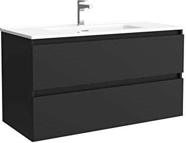 Salgar Mueble de baño Bequia 100 cm con Lavabo 100% montado de fábrica | Acabado Negro Mate suspendido 2 cajones Cierre amortiguado Apertura con uñero | Lavabo Porcelana Blanca | Marca