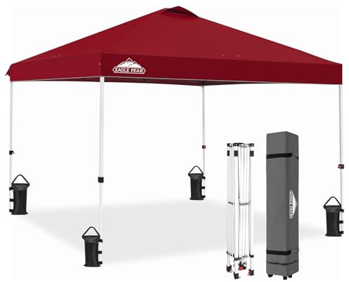 EAGLE PEAK Tonnelle de Jardin Pliable 3x3m Pop-up Gazebo Tente Pliante Pavillon,avec Sac de Transportable à Roulette pour Camping, Plage, Jardin, Rouge foncé