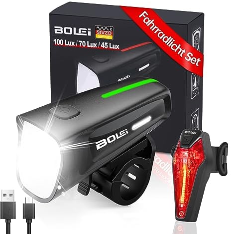 BOLEi LED Fahrradlicht Set 100 LUX,StVZO Zugelassen Fahrradlampe, Fahrradbeleuchtung USB Aufladbar, IPX5 Wasserdicht Fahrradlichter, Batterie Aufforderung schwach, Vorne Frontlicht Und Rücklicht Set