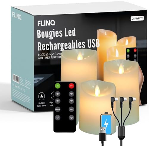 FLINQ Bougies Led Rechargeables USB - en Matière de Cire - Fausse Bougie Flamme Vacillante - par Télécommande - Batterie longue Durée - 3 unités