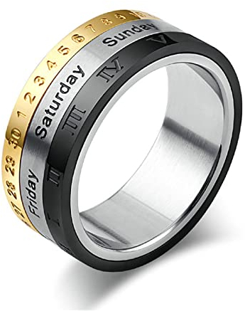 Beydodo Edelstahl Ring Männer, Ring Personalisiert Spinner Ring 8MM mit Zahlen Kalender Partnerring Herren Ring Tricolor Gr.55 (17.5)