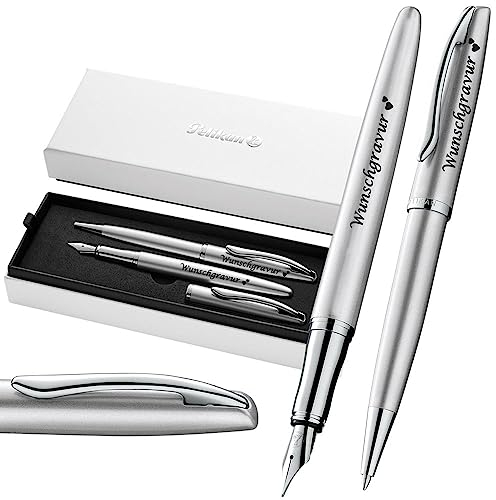Pelikan Füller & Kugelschreiber Jazz® Noble Elegance im Set mit Wunschgravur | inkl. Geschenkeuti | Emoji Gravur | Silber Schreibset mit Gravur PS199