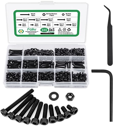 Foliv 655PCS M3 Schrauben Set,Kohlenstoffstahl Schwarz Schrauben und Muttern Unterlegscheiben Set Sechskopf-Knopf Innensechskant Schrauben mit Schraubenschlüssel Gewindeschrauben