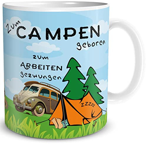 TRIOSK Tasse Camping mit Camper Spruch Zum Campen geboren Campingmotiv Geschenk lustig für Männer Frauen Campingfreunde, Keramik 300ml