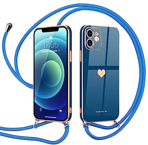 Wirvyuer Handyband Kompatibel mit iPhone 12 Handyhülle Necklace Hülle mit Band zum Umhängen Kameraschutz Liebesherz Schutzhülle mit Halsband Galvanik Silikon Umhängetasche für iPhone 12 Blau