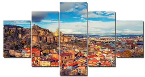 BatTtx Kunstdruck Georgien Tiflis Alte Hauptstadt Landschaft 5 Panel Hd-Druck Poster Leinwand Malerei Familie Wohnzimmer Schlafzimmer Dekorativ Rahmenlos 100x55cm