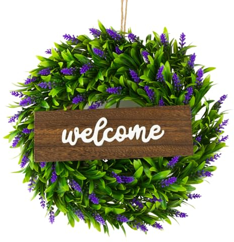 BOFUNX Ghirlanda Benvenuto per Porta Cartello di Benvenuto Porta Ghirlanda Porta Ingresso Welcome Corona di Lanvanda Ghirlanda Decorativa per Porta Parete Decorazione di Casa