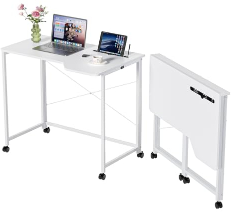 PIPIPOXER 90x56x75cm Klappbarer Schreibtisch mit Rollen, Klappbarer Computertisch PC Tisch mit Tablet-Schlitz, Computer Schreibtisch 360 Drehbaren, Bürotisch Schreibtisch Holz Officetisch, Weiß