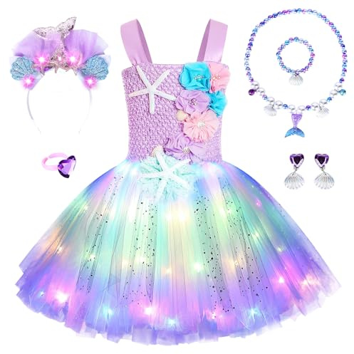 JONRRYIN Meerjungfrau Kostüm Mädchen, LED Tütü Tüllkleid für Mädchen mit 6 Zubehör, Leuchtendes Prinzessin Kleid für Karneval Verkleidung Cosplay Geburtstagsfeier Festkleid (HellesLila, L)