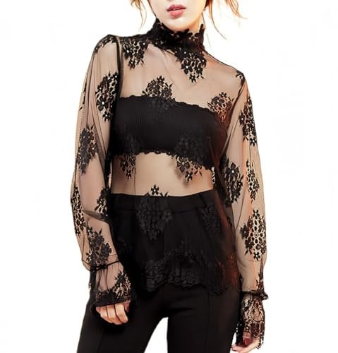 SamHeng Women's Long Sleeve Tops Floral Lace Mock Neck T-Shirt See Through Mesh Loose Blouses for Women UK, Black/L