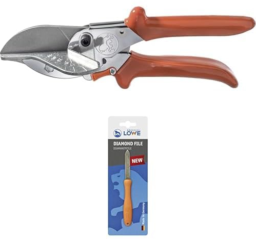 Original LÖWE Set bestehend aus Gehrungsschere 3.104 mit Hebelübersetzung und 45° Anschlag für Industrie und Handwerk & Diamantfeile 0023 für Scheren, Äxte und Werkzeuge