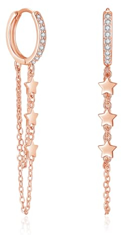 Josfeva Damen Creolen Ohrringe Hängend, 925 Sterling Silber Ohrhänger für Frauen, Lange Quaste Kette Runde Creolen Ohrringe mit Zirkonia, Rosegold Tropfen Baumeln Ohrringe, Huggie Kreolen Ohrringe