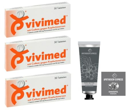 Vivimed mit Coffein Schmerztabletten Set mit 3 x 30 Tabletten inkl. einer Handcreme ODER Handseife von Apotheken-Express