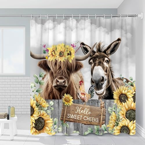 Duschvorhang mit Esel-Hochlandkuh, Sonnenblumen-Holzverkleidung, Himmel, Hello Sweet Cheeks, rustikaler Stil, Wildtiere, Badezimmer-Dekor, Polyester, wasserdicht, mit Haken, 152,4 x 177,8 cm