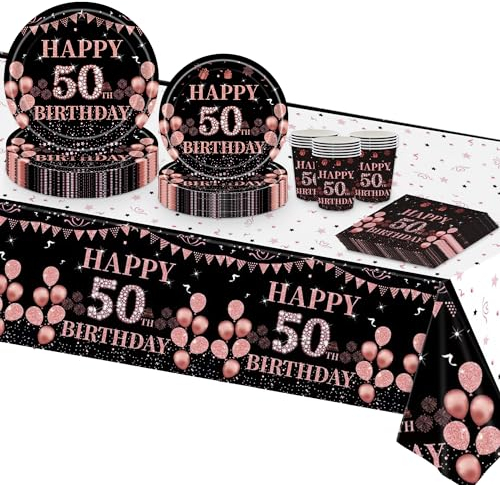 TOPWAYS 50 Años Cumpleaños Platos Desechables Vajilla Set, Oro Negro Rosas Papel Desechables Elegantes Platos Fiesta Tazas Mantel para Decoración 50 Cumpleaños Mujer 16 invitados