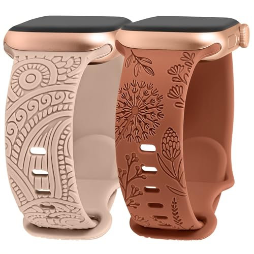 TOYOUTHS 2 Packs Floral Engraved Straps Compatible with Apple Watch Strap 41mm 40mm 38mm 42mm Women, Boho Silicone Henna Dandelion Cute Strap for iWatch Series 10/9/8/7/SE/6/5/4/3/2/1, Nude/Brown