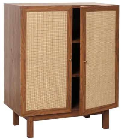 Mendler Highboard HWC-M51, Kommode Schrank Sideboard, Staufächer, Kubu Rattan 98x79x42cm - Walnuss-Optik