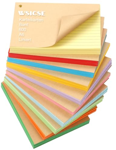 600 Blätter Karteikarten A6, Vokabelkarten Bunt 150g/m² Karteikarten Liniert Index Cards mit 10 Binderinge 20 Kraftpapierhüllen für Lernen Erinnerung Präsentation (10 Farben)