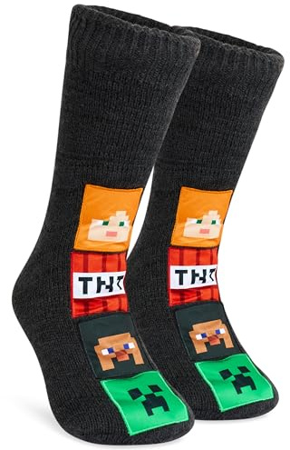 Minecraft Slipper Socks Boys Teens, Creeper Fleece Lined Fluffy Socks Non Slip Pads, Warm Cosy Loungewear, Gaming Gifts for Him (Multi)