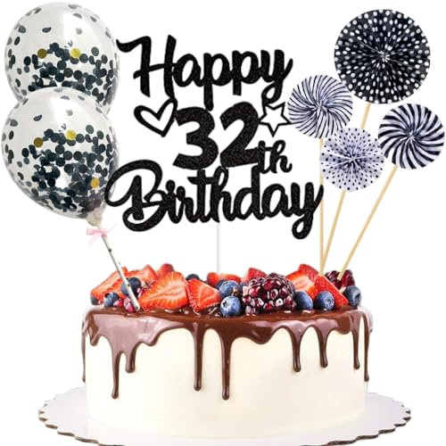 Anlgdi Tortendeko 32. Geburtstag Mann Frau, Kuchen Topper Happy 32th Birthday Schwarz, Glitzer Cake Topper 32. Geburtstag Ballons Konfetti Papierfächer für Geburtstagstorte Deko 32 Jahre Frauen Männer