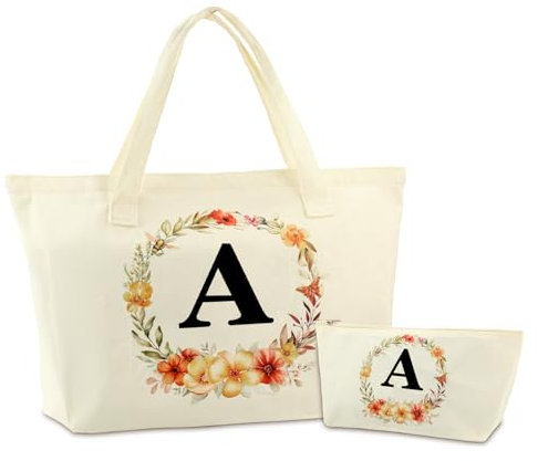 Letras Personalizadas Bolsa de lona Bolso Tote de Mujer con Inicial y Flores Bolsa de Compras con Bolsillo Interior Alfabeto con Bolso de Cosméticos Regalos para Damas Amigas Mamá Regalo Cumpleaños(A)