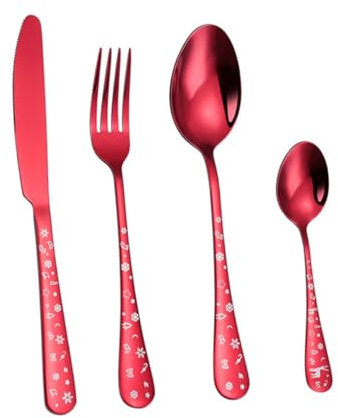 WATIIFUFU Edelstahl Weihnachts Besteck Set 4 Teilig Rot FüR Festliche AnläSse Zuhause Familie Party SpüLmaschinengeeignet Komfortables Design