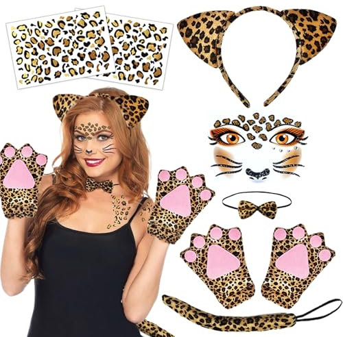 Leoparden Kostüm Set, 7-Teilig Leoparden Kostüm Damen Kinder, Leoparden Ohren Haarreif Schwanz Fliege Handschuhe Leoparden Tattoo Gesicht, für Fasching Karneval Dschungel Kostüm Cosplay