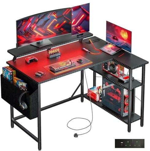 DOMSHOCT L Shaped Gaming Desk with LED Lights & Power Outlets, 100 * 80cm Small Corner Computer Table with Storage Bag, Adjustable Shelves & Monitor Stand, Home Office Study Workstation, Carbon Black